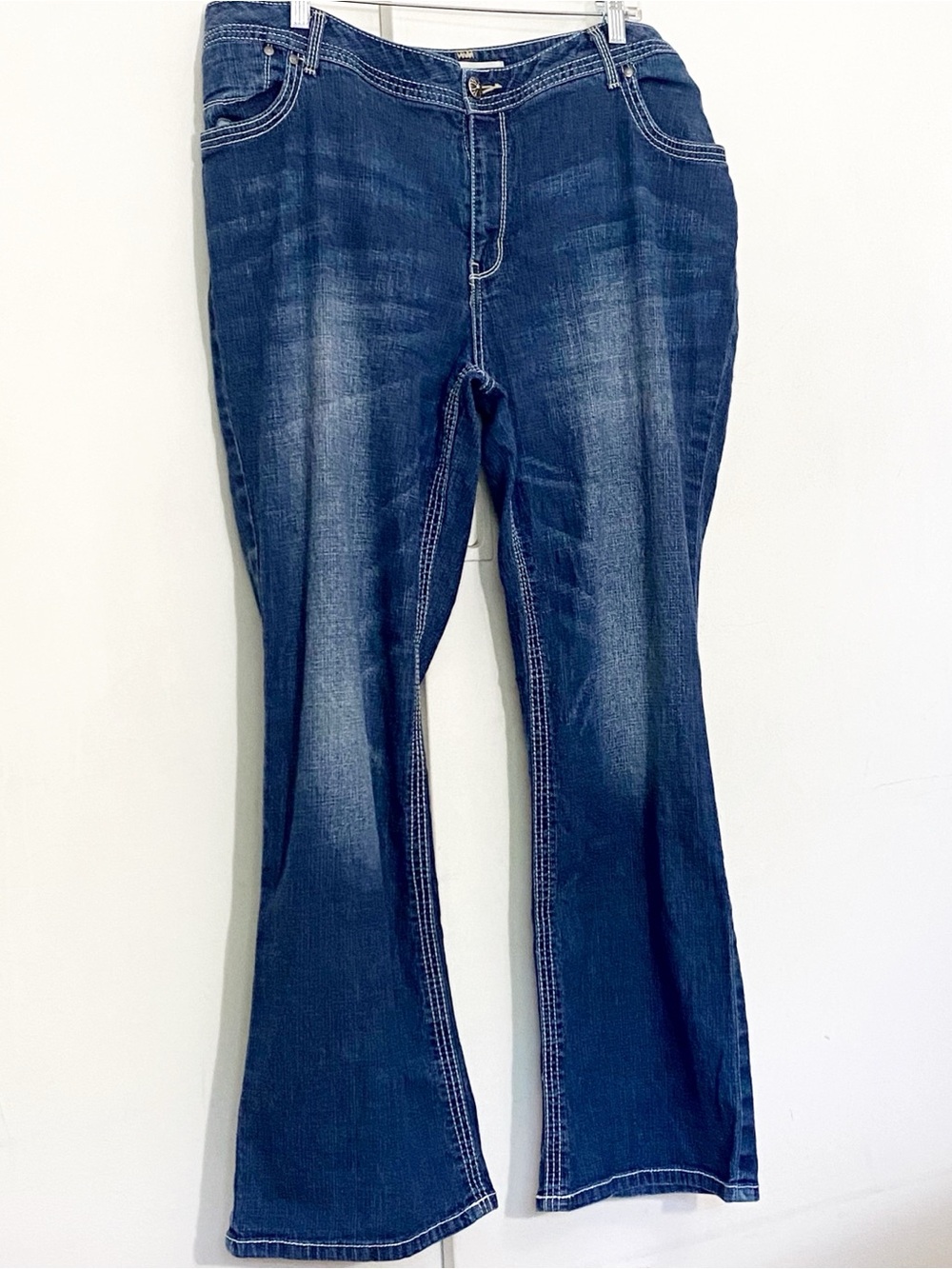Fashion Bug Med Blue Flare Jeans Contrast Stitching, Embellished Back Pockets 22